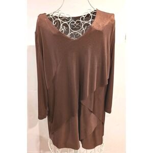 Travelers by Chico's Brown Long Sleeve Tunic Blouse  V-Neck, Made in USA Size 3